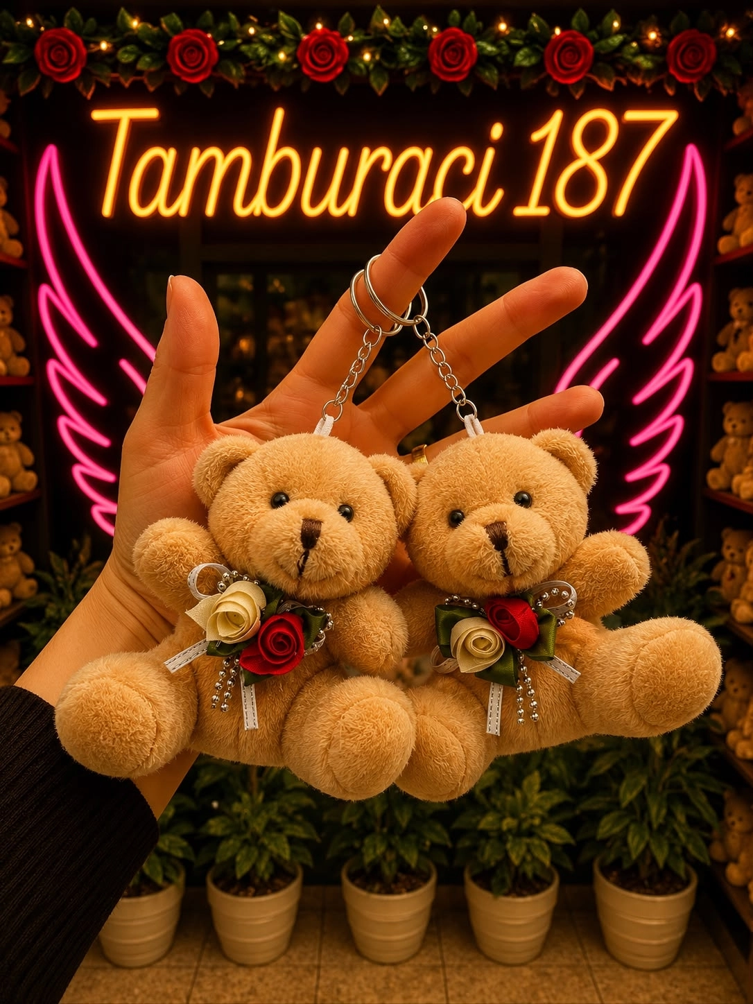 Güllü Peluş Ayıcık Anahtarlık 12’li Paket | Toptan Peluş Anahtarlık