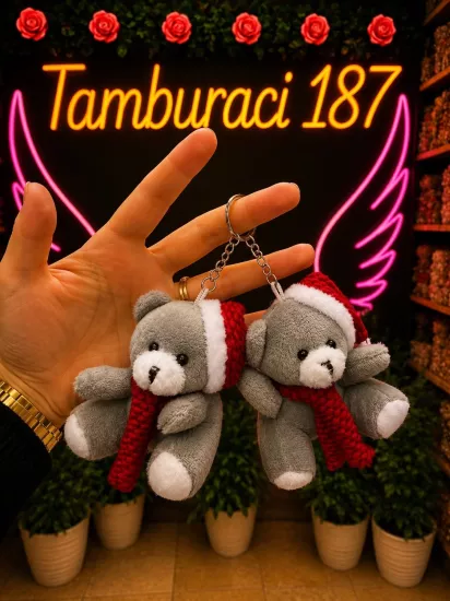 Gri Yılbaşı Temalı Peluş Ayıcık Anahtarlık 12’li Paket | Toptan Peluş Anahtarlık